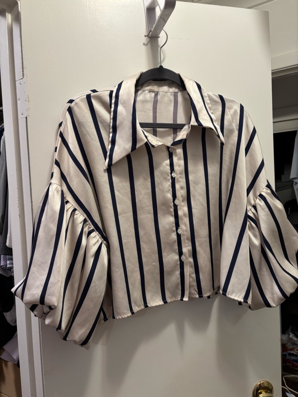 Striped Balloon Sleeve Button-Up Top in Cream and Navy